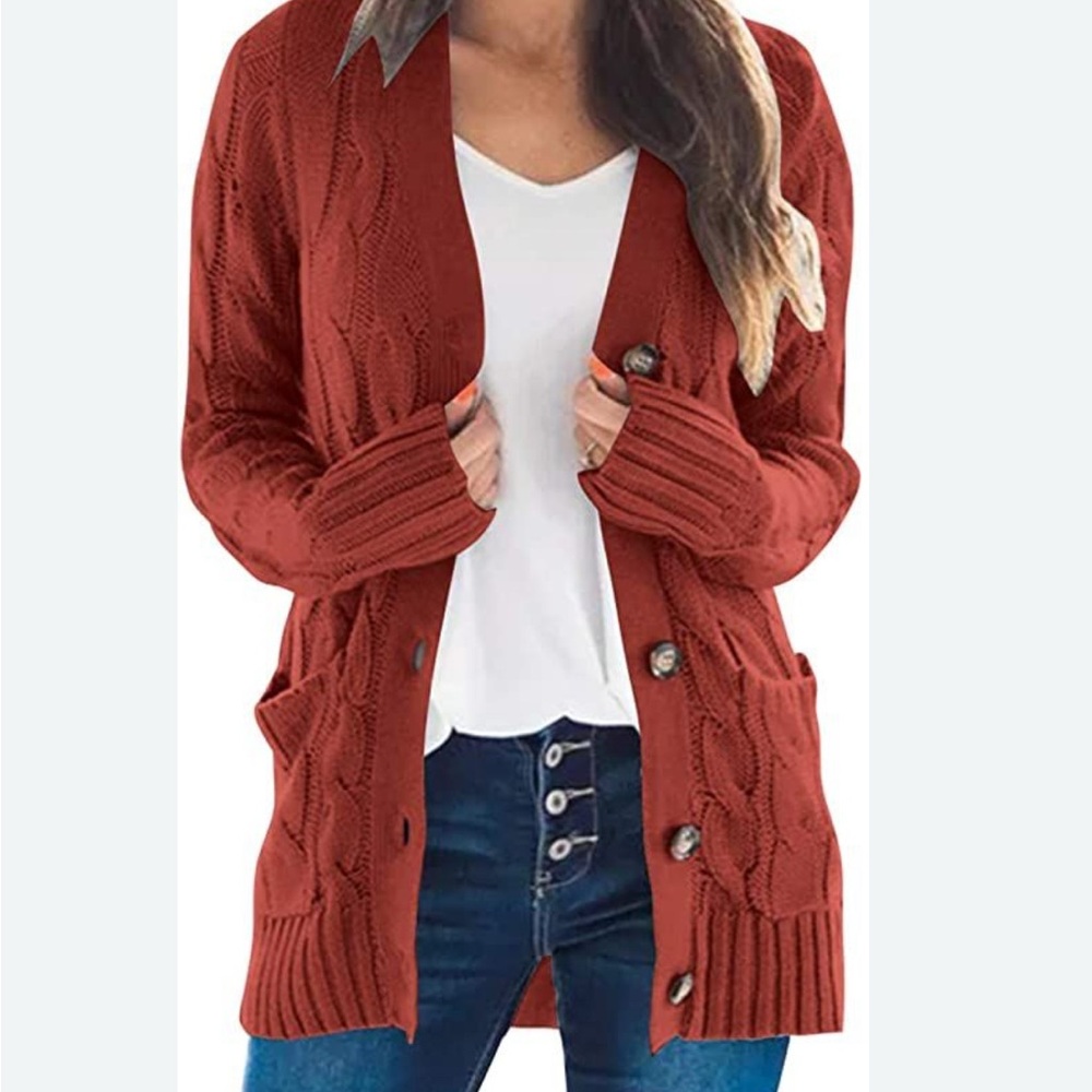 MEROKEETY Rust long-sleeve cable knit cardigan sweater with pockets